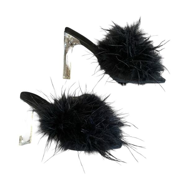 JEFFREY CAMPBELL Daisy Women's Size 8 Black Real Feathers Slip-On Acrylic Heels - Picture 3 of 8